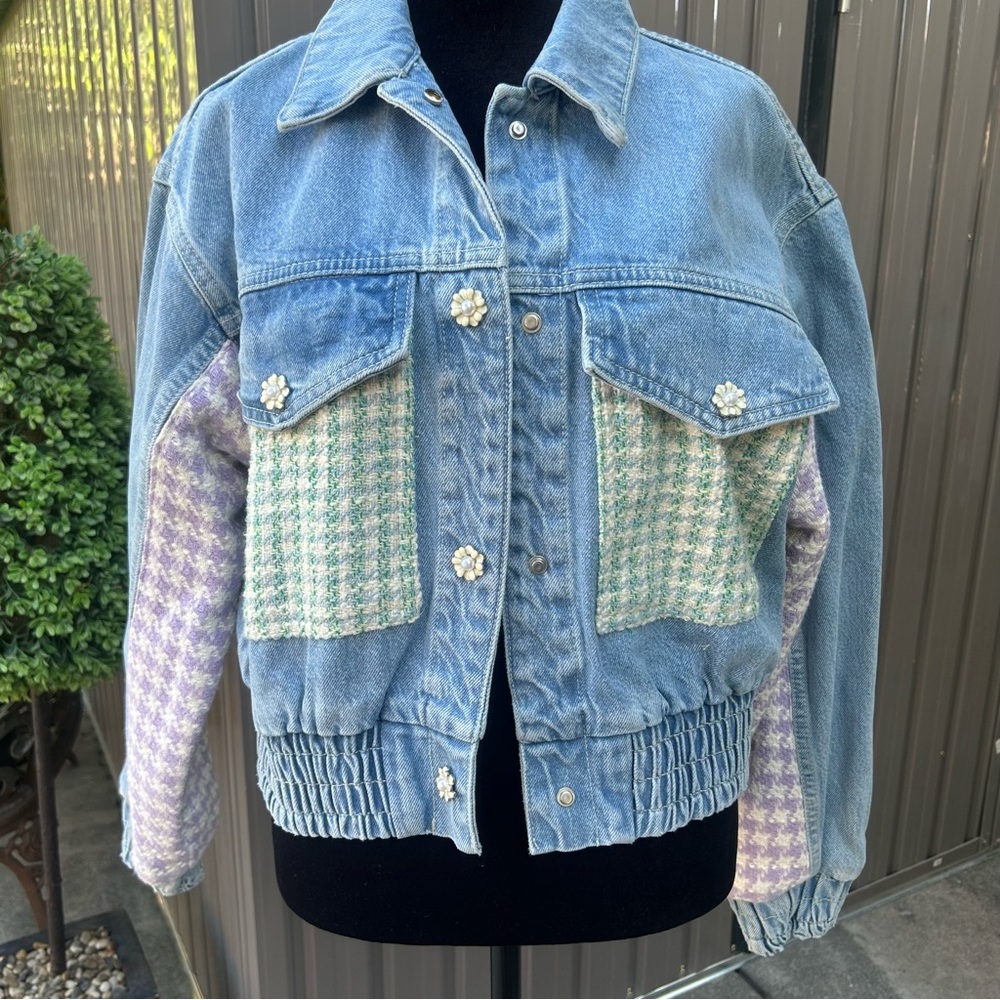 Zara Blue Jean Jacket with Purple and Green Accents